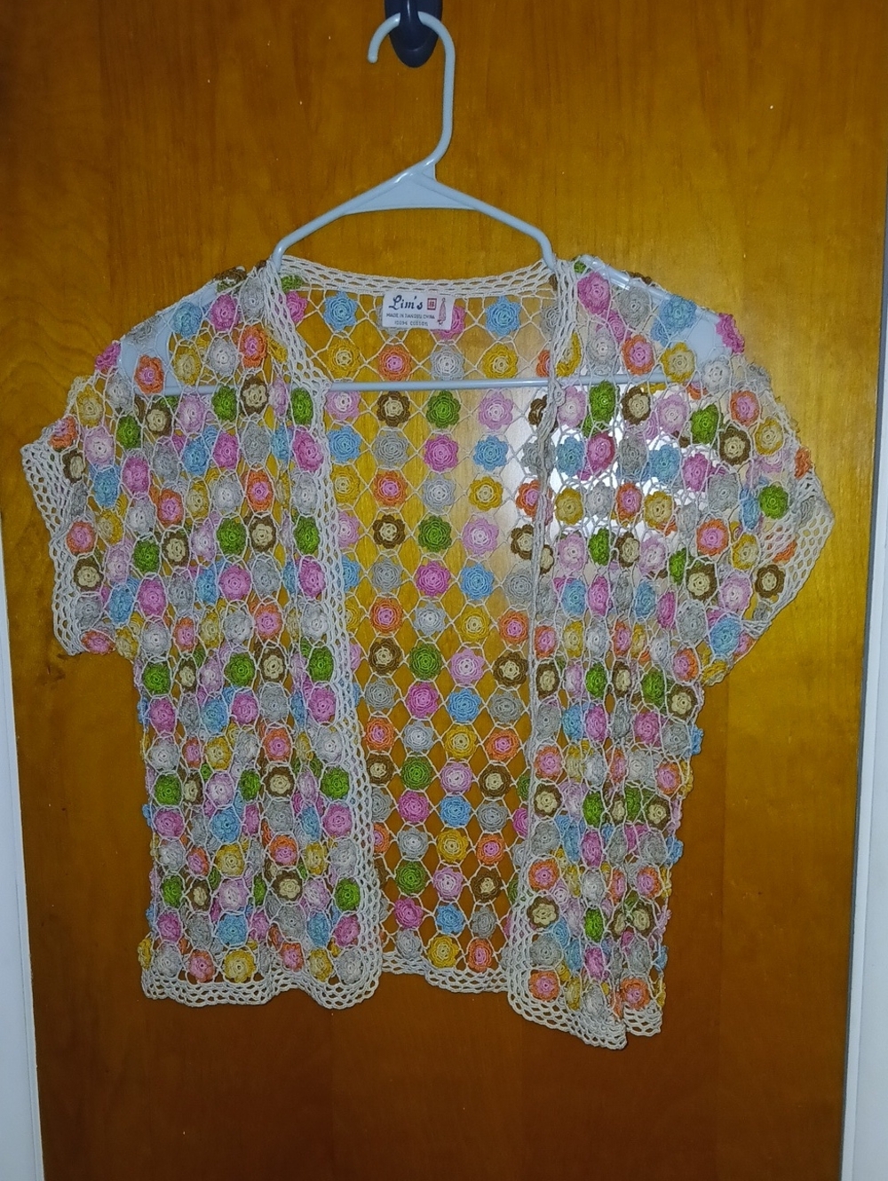 Vintage LIM's Pastel Crochet Openwork Cardigan with Multicolor Flowers
